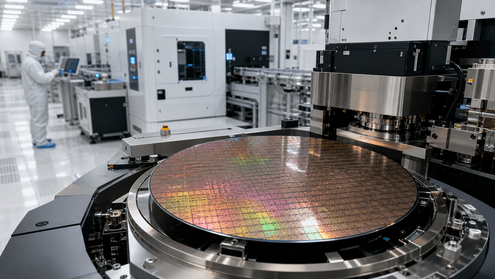 A semiconductor wafer moving through a real fabrication facility