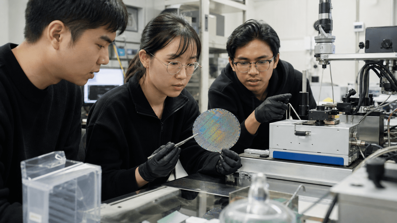 Researchers collaborating around a silicon wafer in a technical lab